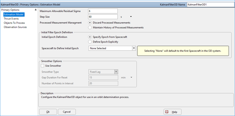 Estimation Model Page of the KalmanFilterOD Object Editor