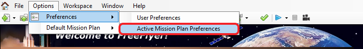 Active Mission Plan Preferences in the FreeFlyer Options Menu