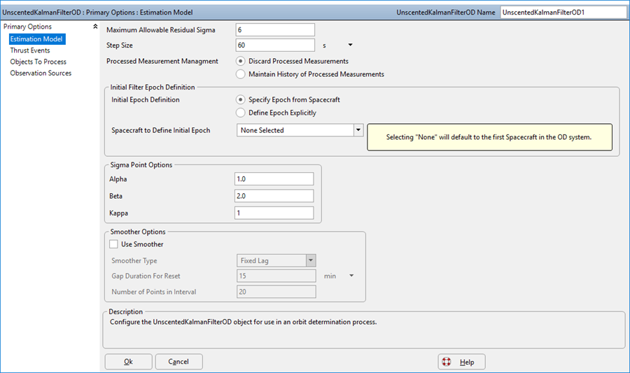 Estimation Model Page of the Unscented Kalman Filter OD Object Editor