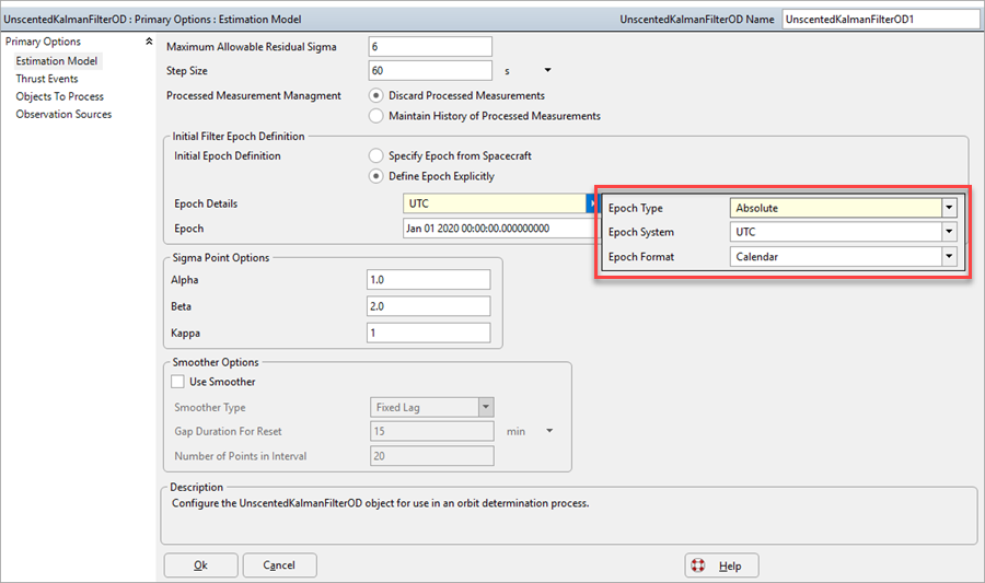 Epoch Details Editor for the Unscented Kalman Filter OD Object Editor