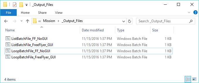 This window shows the batch files that will be created when you run the Mission Plans. Run each batch file to observe the automated List/Loop operation of FreeFlyer. 